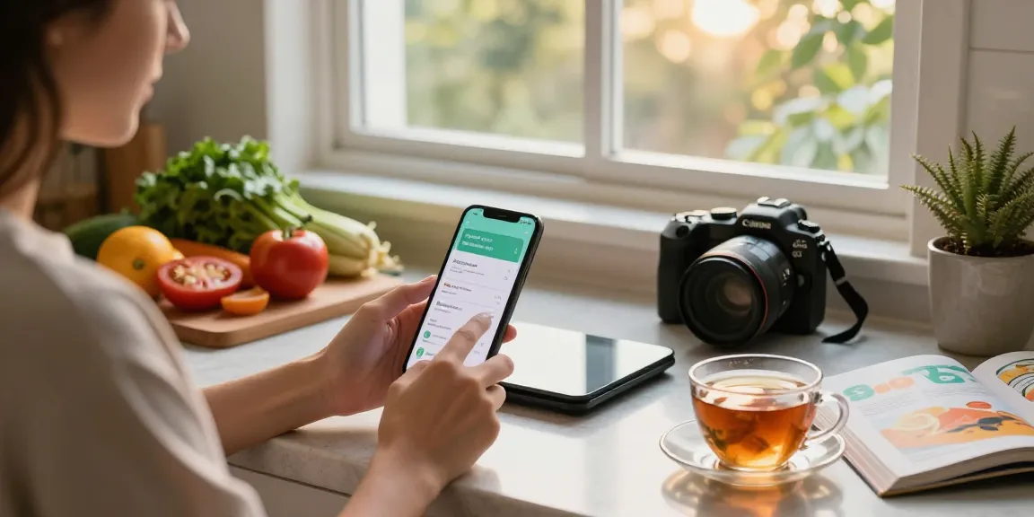 Discover the best calorie tracking app in a warm kitchen with fresh ingredients and tracking tools.