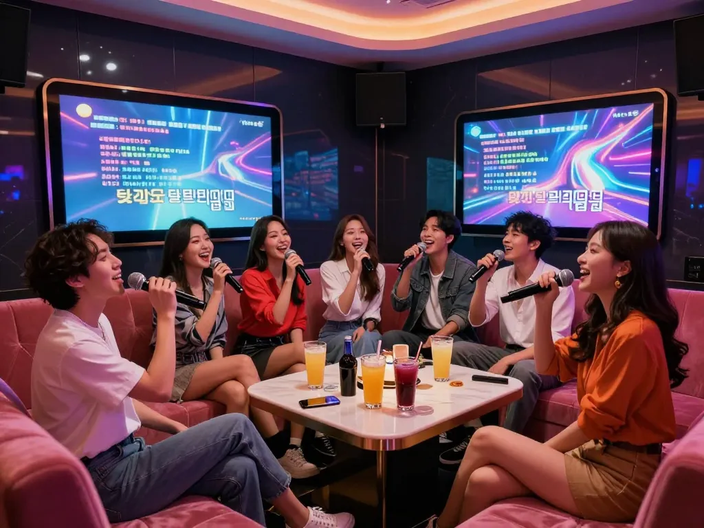 달토 노래방에서의 신나는 그룹 노래, 고급스러운 분위기, 친구들과 함께하는 https://www.gangnamtune.com/runrabbit에서의 밤문화 기념.