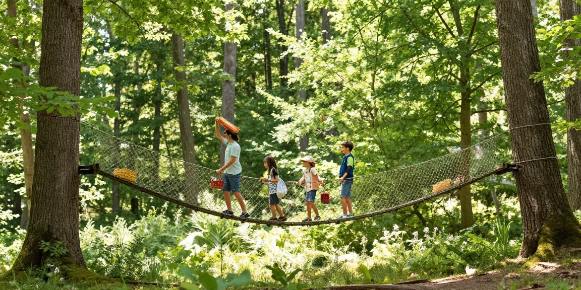 Rope Bridge design connecting two trees, family enjoying an outdoor adventure.