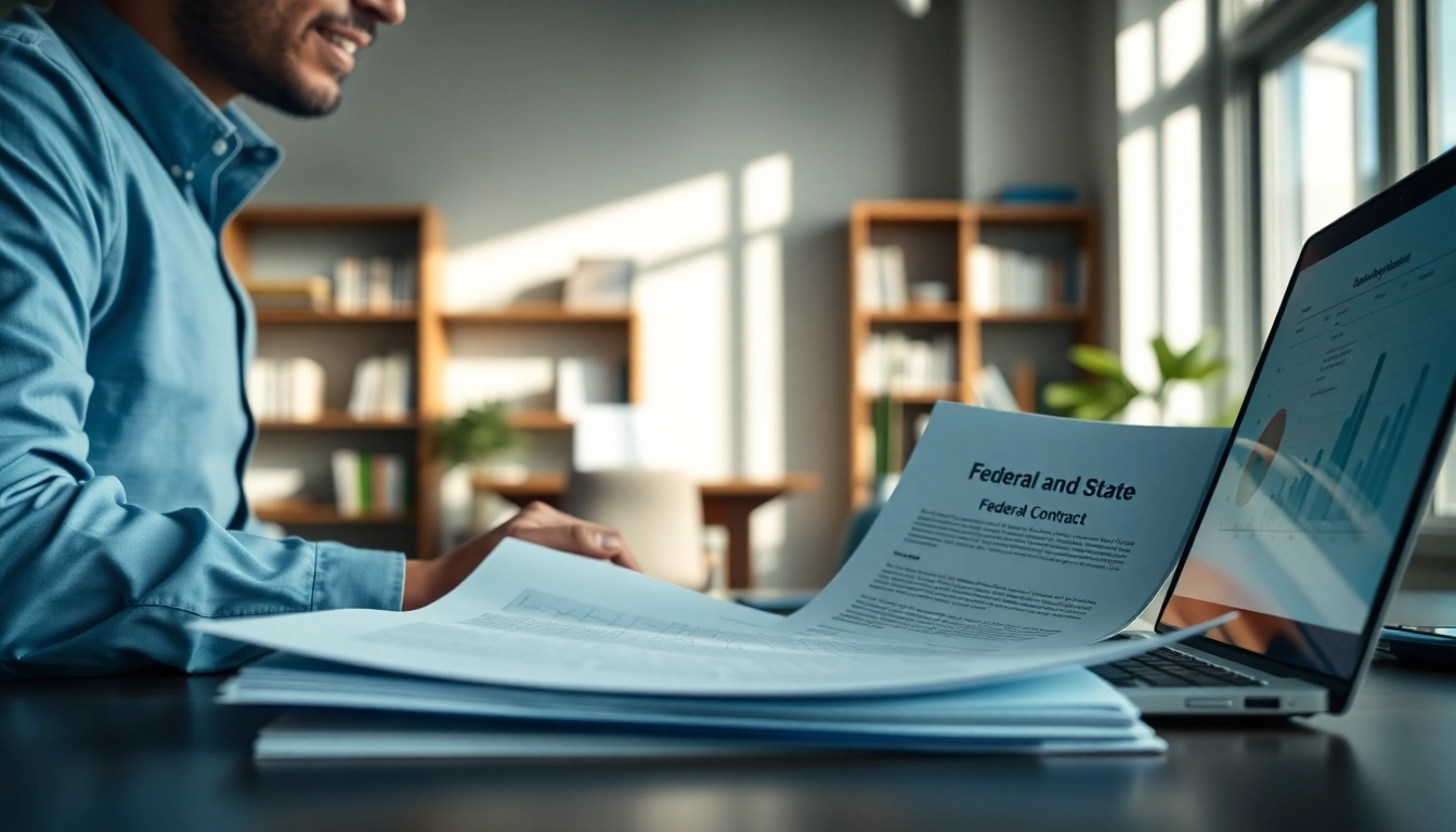 Analyzing federal and state contracts and grants at a modern consultant's desk.