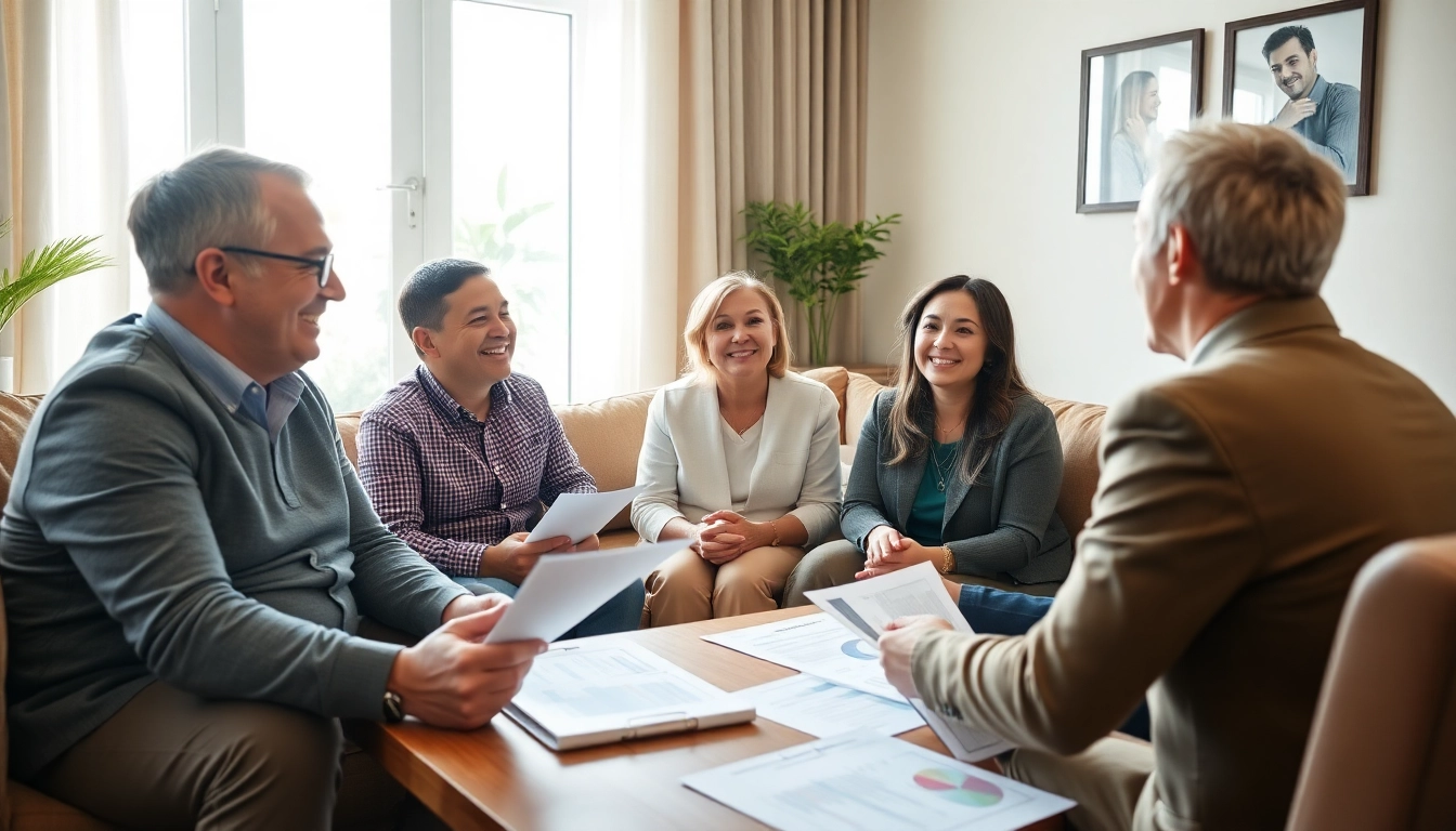 Discussing auto and home protection plans in a bright, cozy living room.