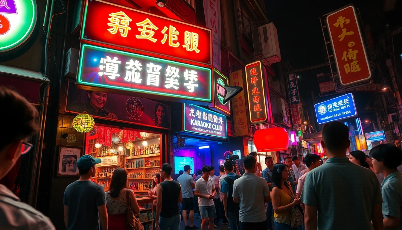 Dynamic scene of 호치민밤문화 with lively karaoke club and neon lights.