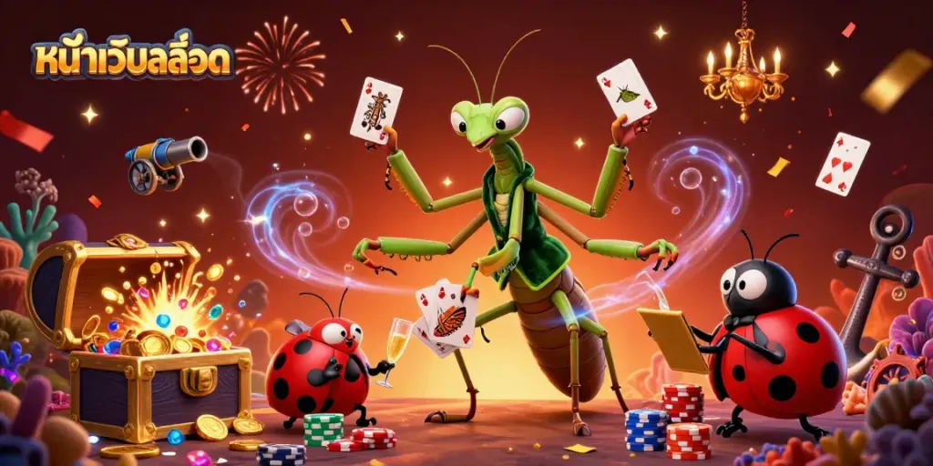 Engage with the dynamic scene of หน้าเว็บสล็อต featuring a giant mantis and ladybug characters immersed in a rich, vibrant casino atmosphere.