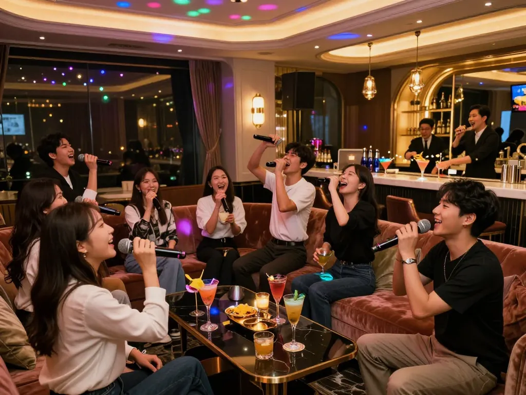 역동적인 분위기와 세련된 인테리어에서 강남달토 노래방에서 노래하는 에너지 넘치는 그룹.