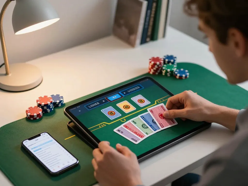 sunwinapk player managing bets during a blackjack game on a tablet in a modern home office
