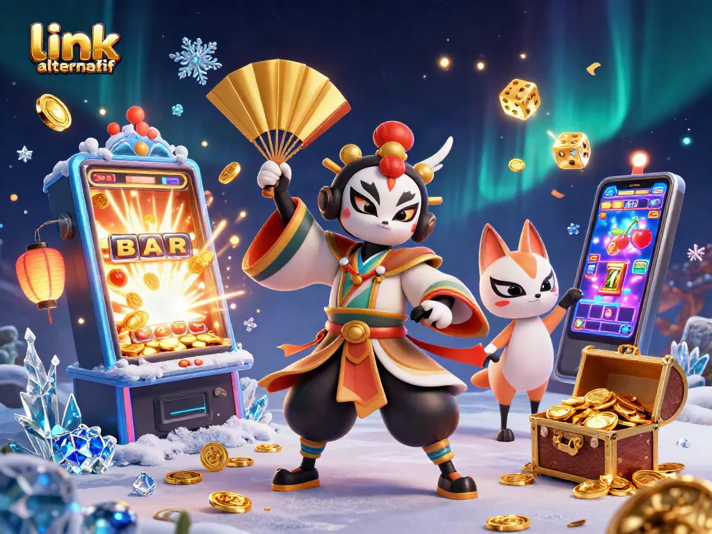 Engage with the thrilling world of link alternatif casino games amidst a vibrant 3D scene filled with action.