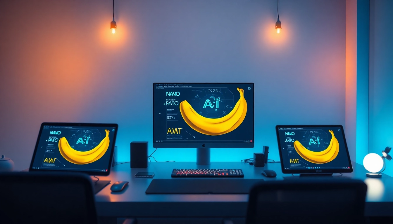 Nano Banana Pro showcased in a modern tech workspace with vibrant digital interfaces.