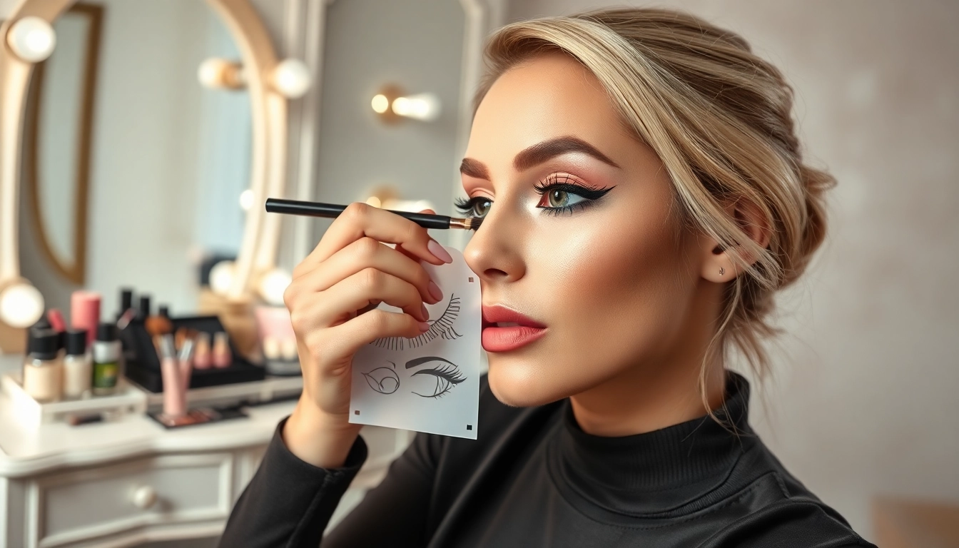 Applying eyeliner stencil with precision to create beautiful eye makeup.