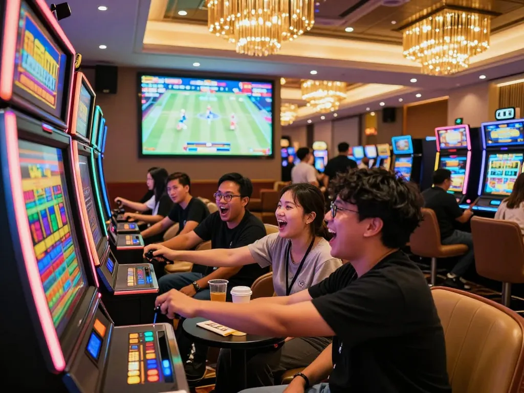 Group cheering for a friend playing slot gacor hari ini in a lively casino.