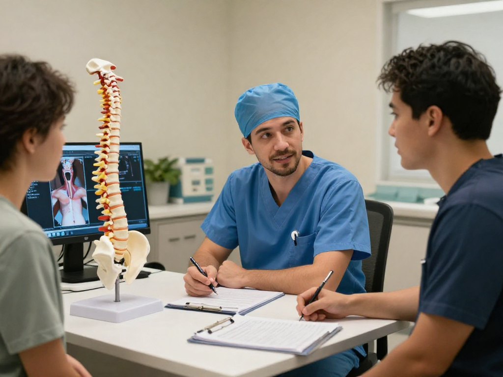 Consultation about bel fıtığı ameliyatı with surgeon and patient in a modern medical office