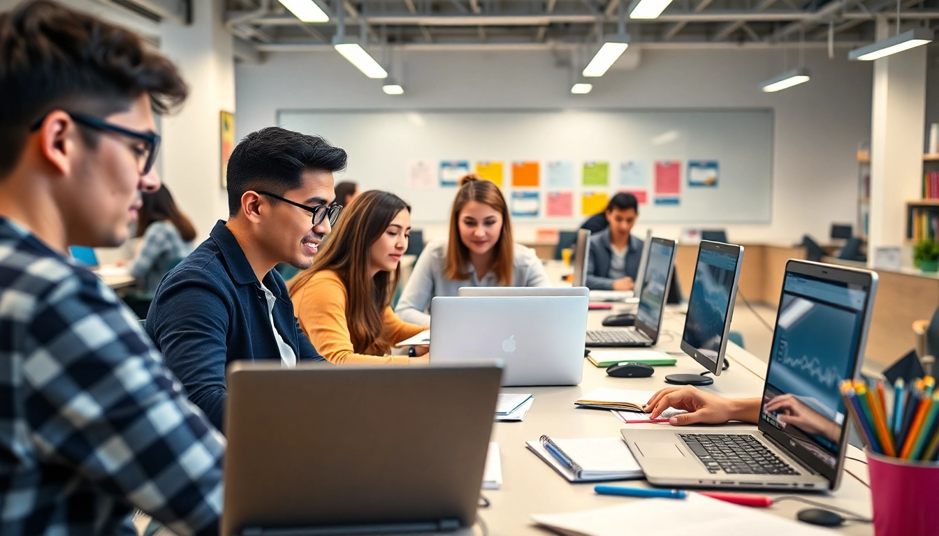 Students using online exams help in a vibrant study space filled with laptops and books.