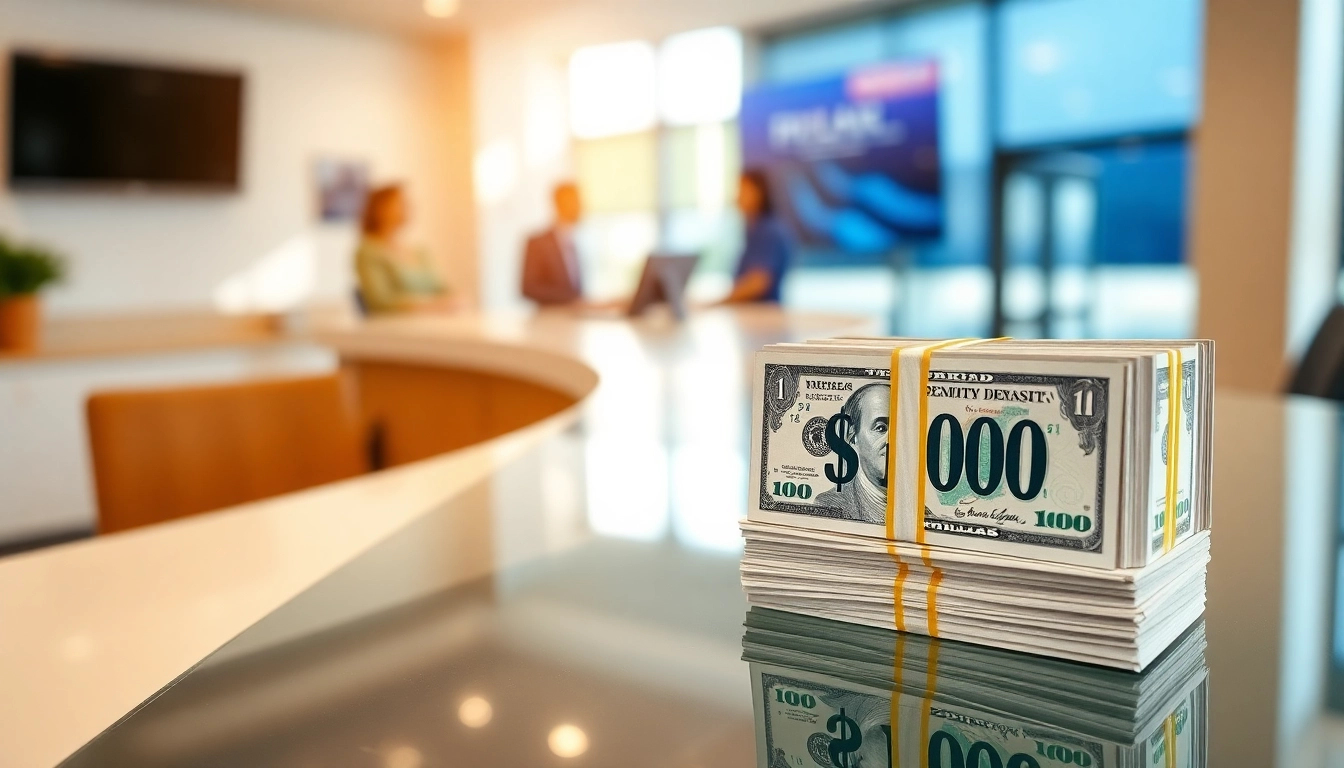 Menyerahkan deposit 1k uang tunai di bank dengan suasana yang aman dan profesional.
