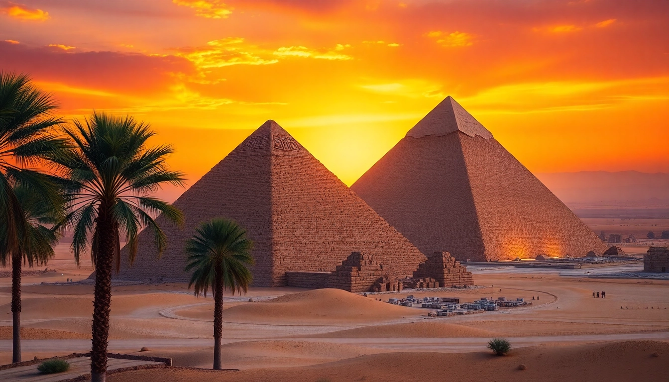Discover the majestic pyramids, bathed in sunset light, showcasing their historical grandeur.
