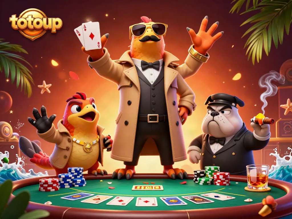 Play games at TOTOUP with lively raptors entertaining in a vibrant casino scene.