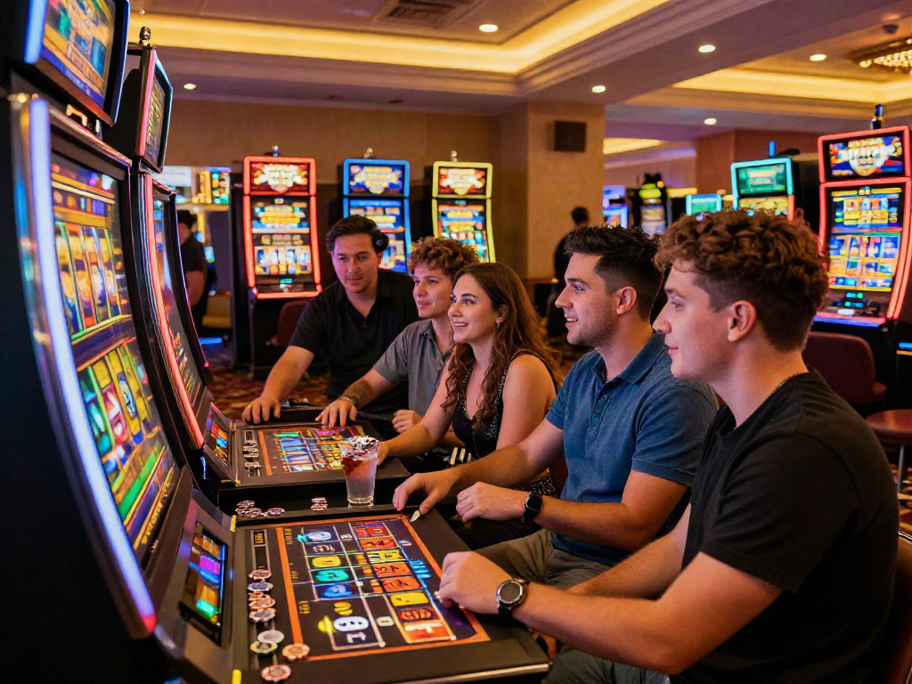 Exciting group enjoying a slot bonus game in a lively casino atmosphere