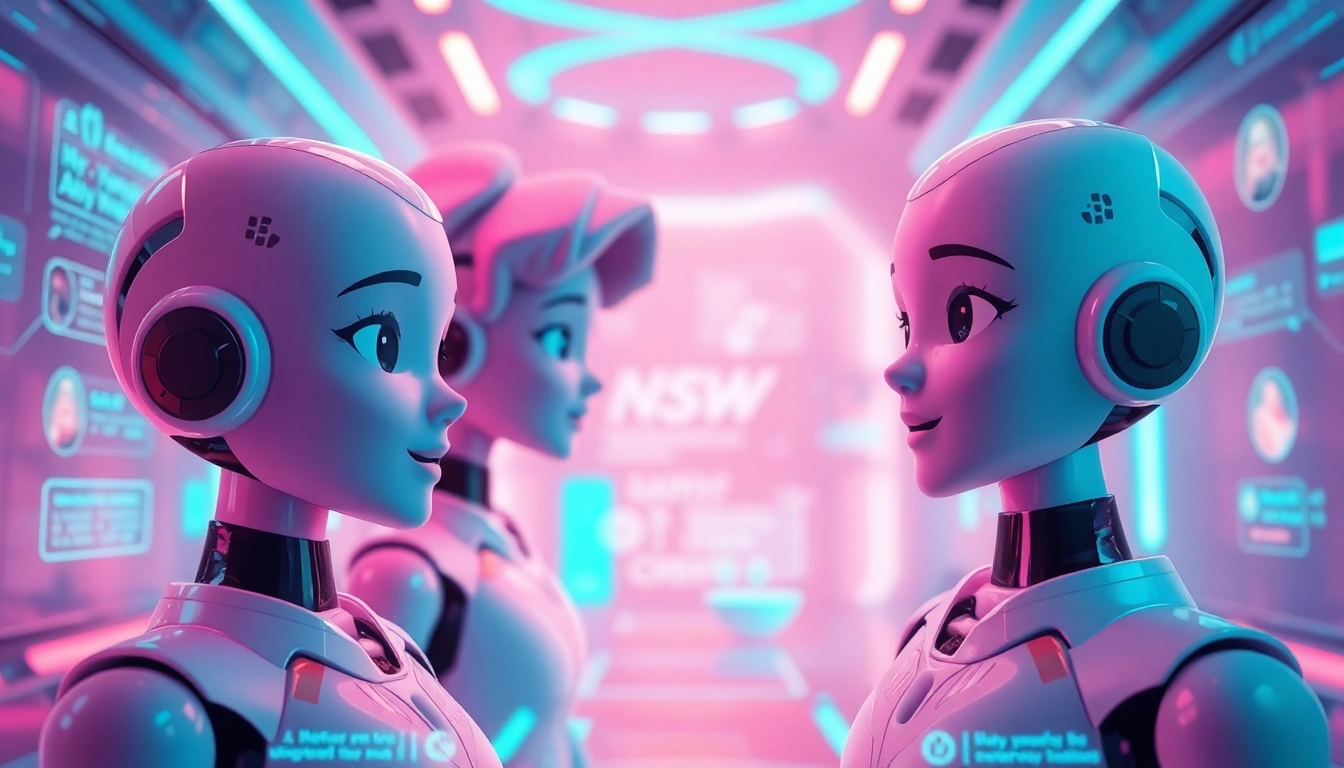 Engaging NSFW AI chatbot avatars in a futuristic digital space, showcasing emotional interaction and advanced technology.