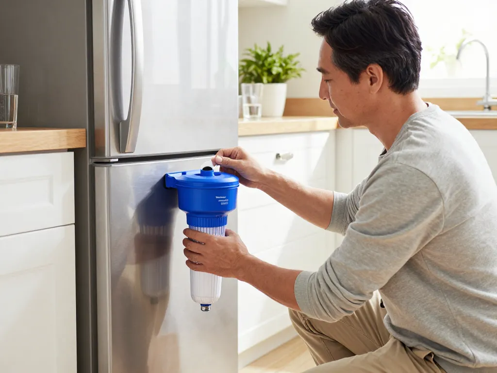 Man installing the Waterdrop Maxblue EDR3RXD1 Replacement for 4396841 water filter in a bright kitchen, emphasizing clean drinking water.