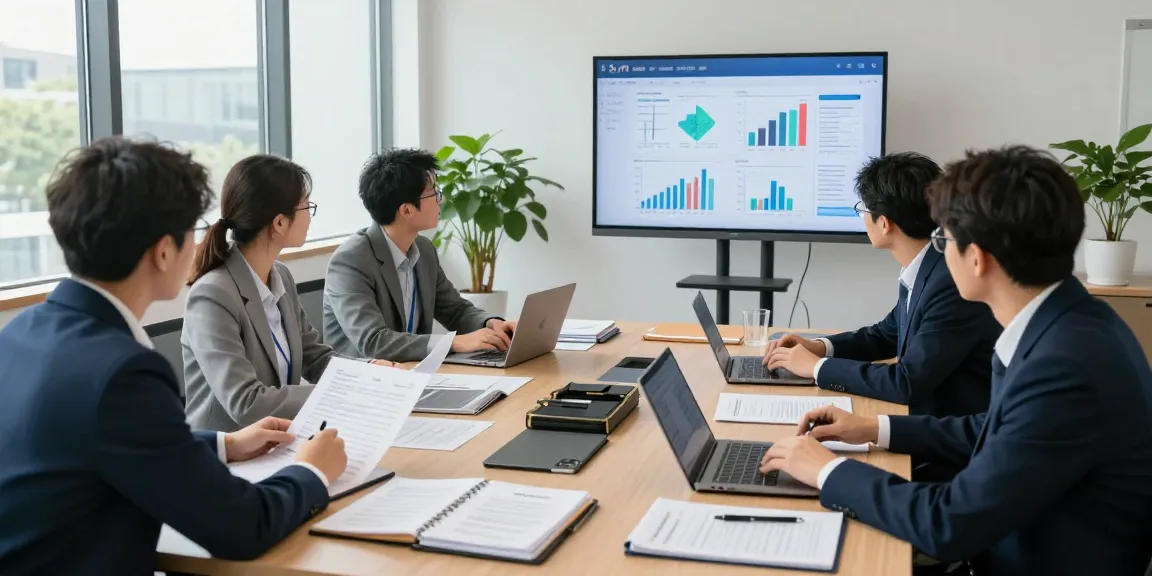 Tim auditor forensik di aafikotacimahi.org menganalisis data dengan fokus di ruang konferensi modern.