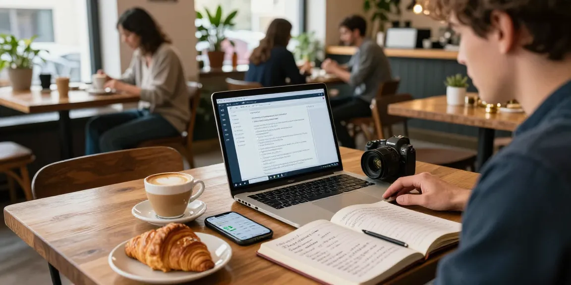 Automated bitcoin mining research in a cozy coffee shop with cryptocurrency analysis on a laptop, showcasing blockchain technology.