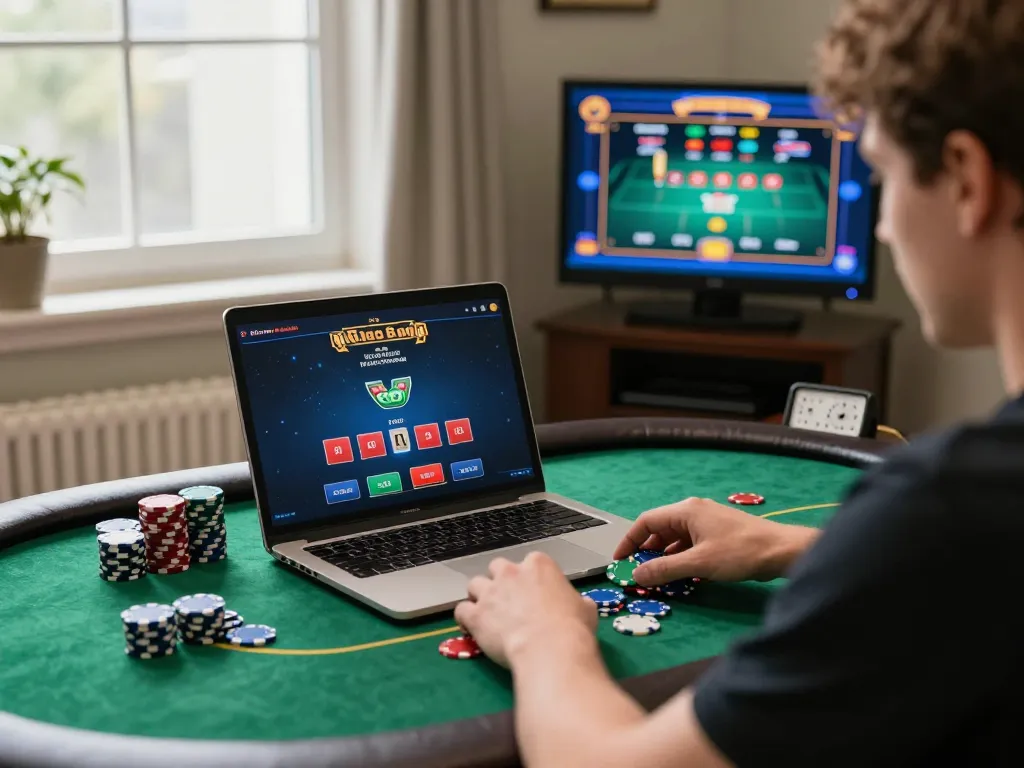 Person playing poker online while maintaining responsible gaming practices on hakobhakobyanart platform.