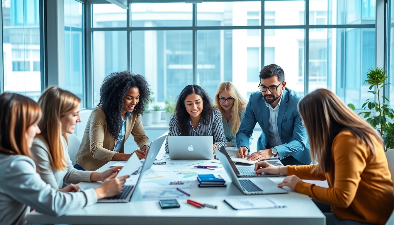 Edmonton web design team collaborating in a bright modern office space.