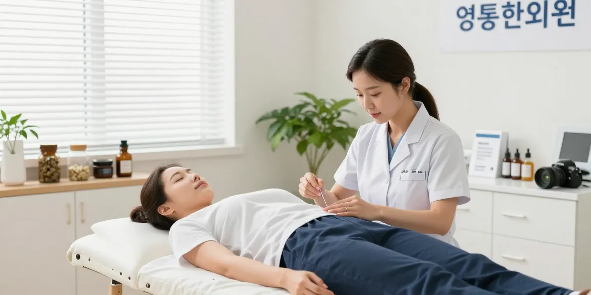 Healing at 영통한의원 with acupuncture treatment in a serene environment.