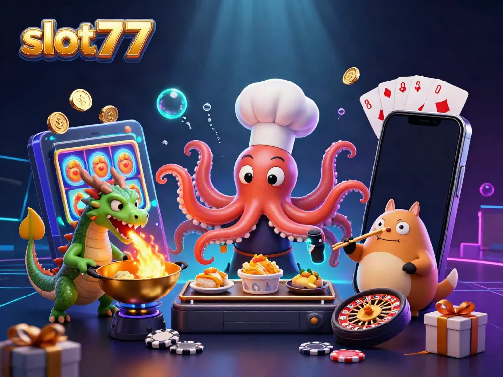 Menang besar dengan bermain slot777, dikelilingi karakter unik dan elemen kasino yang menggembirakan.