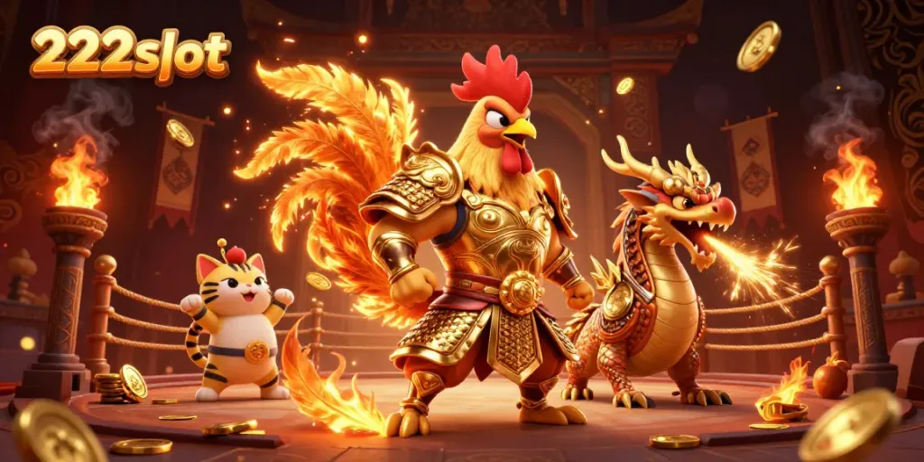 Gali kemenangan di 222slot dengan karakter ayam pertarungan dan naga berapi di arena slot yang megah.