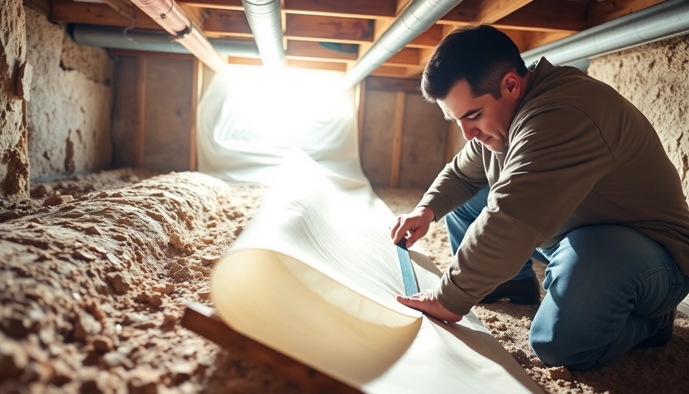 Efficient vapor barrier installation process demonstrated in a crawl space.