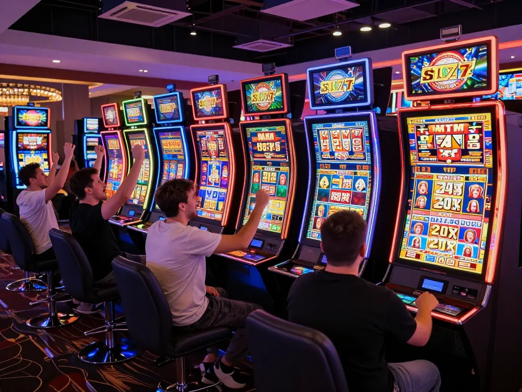 Players enjoying thrilling slot 777 gameplay at a vibrant casino with neon lights shining.
