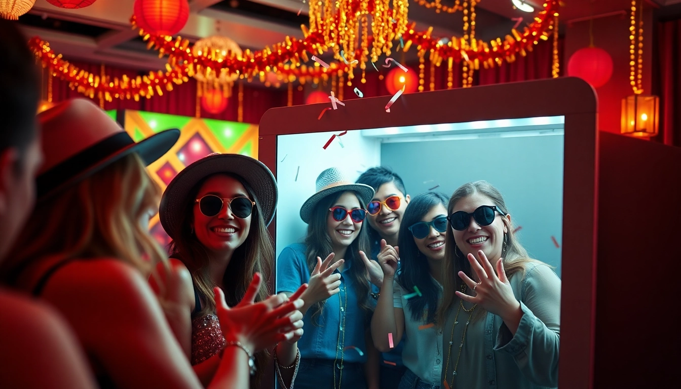 Guests enjoying a photo booth chicago experience filled with vibrant decorations and props.