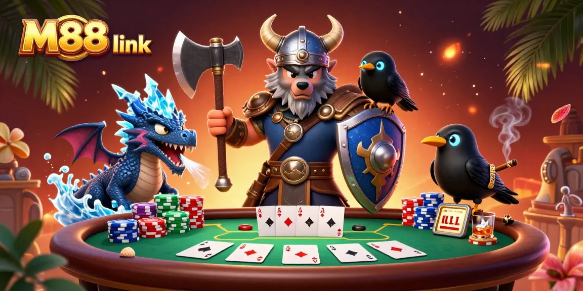 Experience M88 link with the Viking wolf warrior in a dynamic 3D poker scene surrounded by vibrant casino elements.