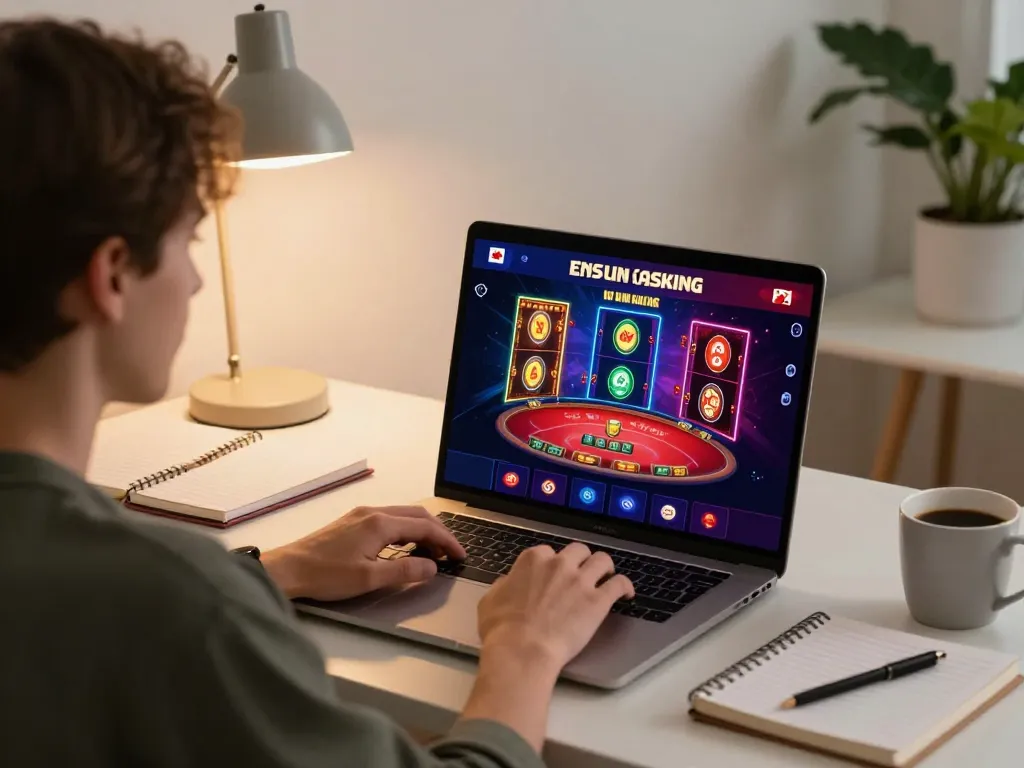Engaged player using laptop for Canada online casinos reddit with vibrant game visuals displayed