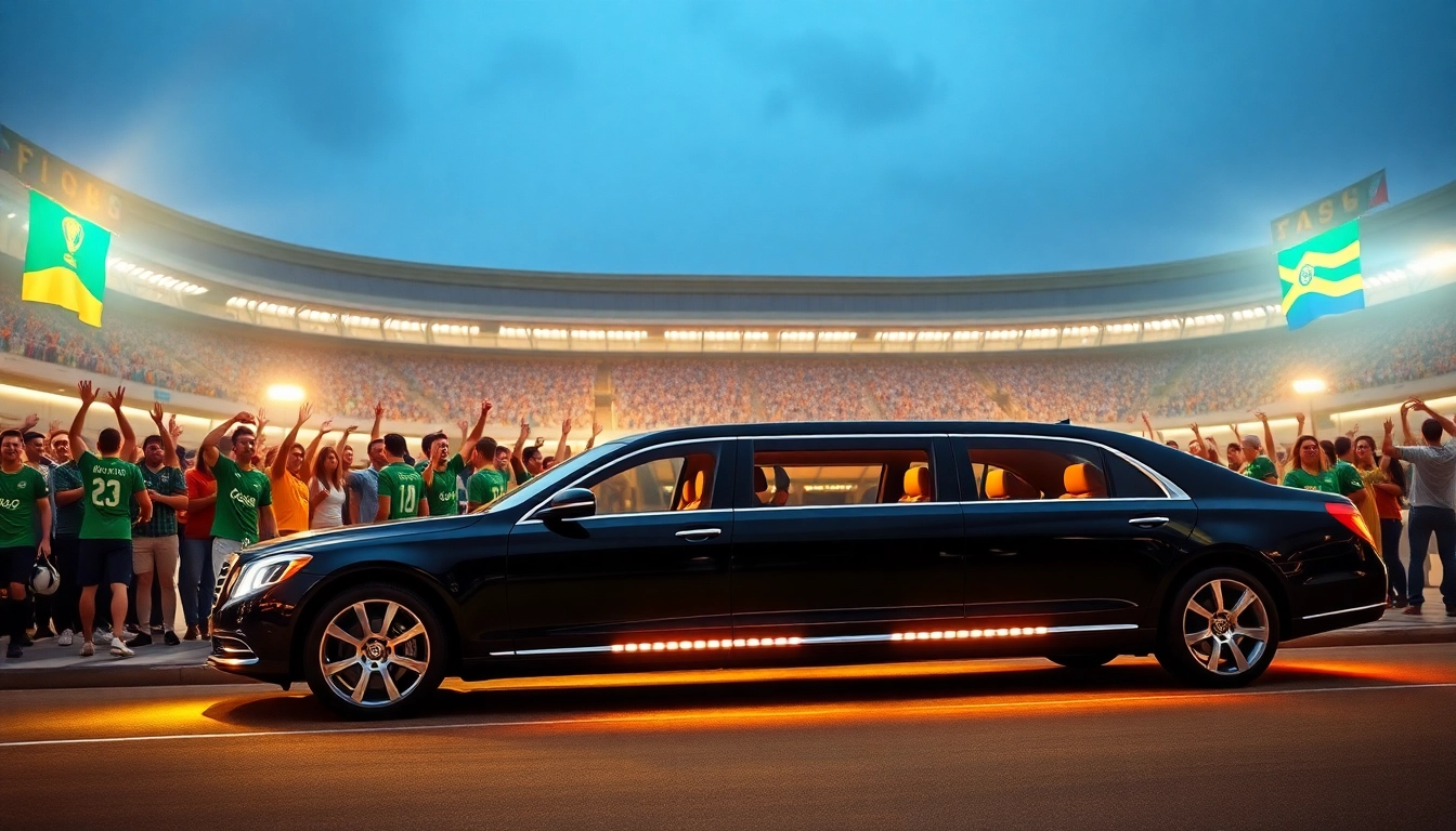 World Cup Group Transportation in a luxury limousine outside a stadium, capturing festive fan excitement.