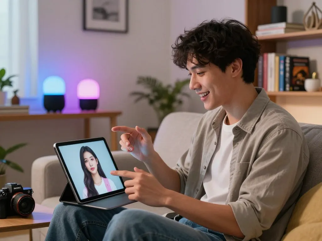 Engaging AI girlfriend conversation in a modern tech-savvy home setting.