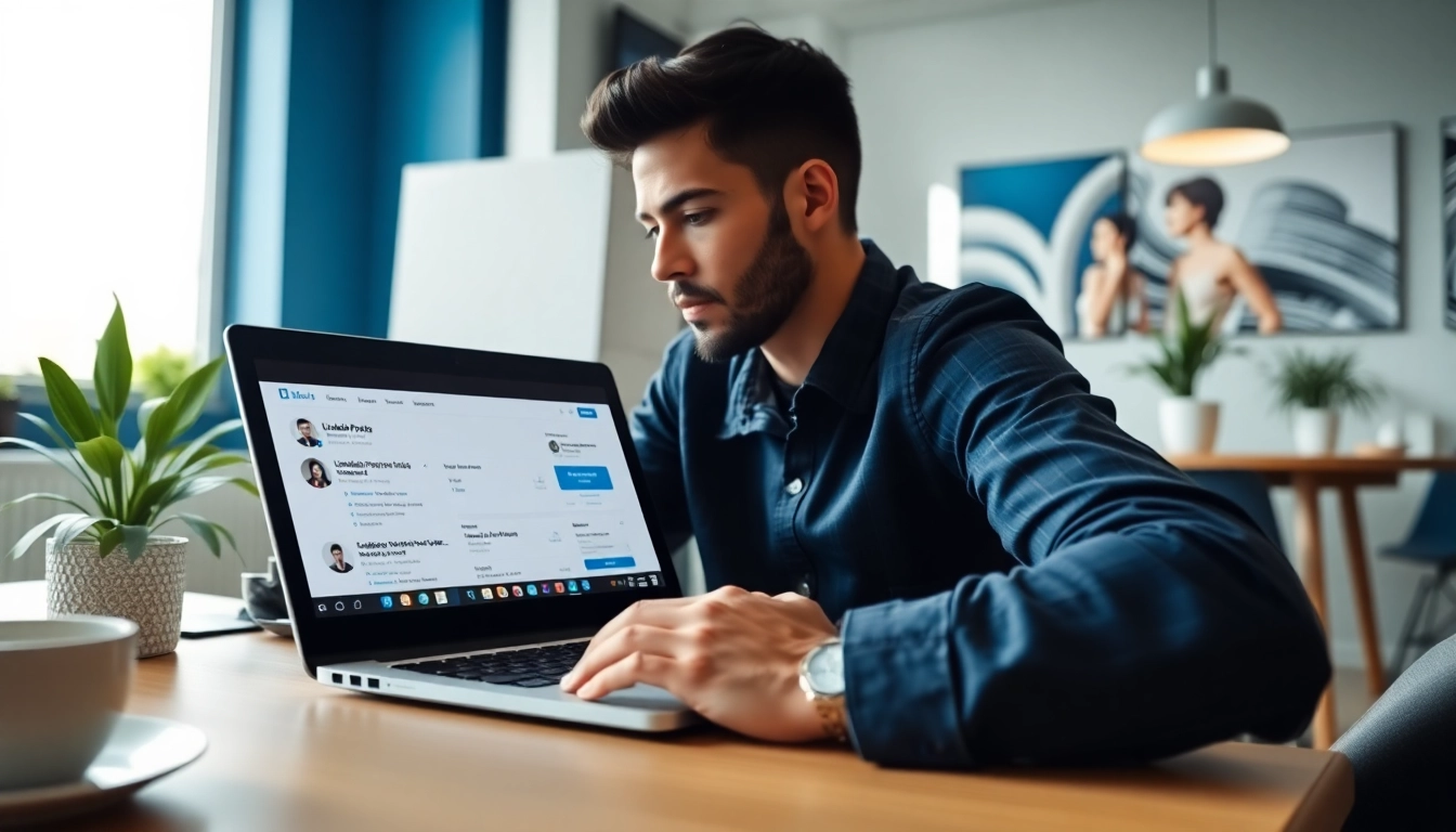 Engaging scene of a user who scrapes linkedin profiles automatically from a laptop.