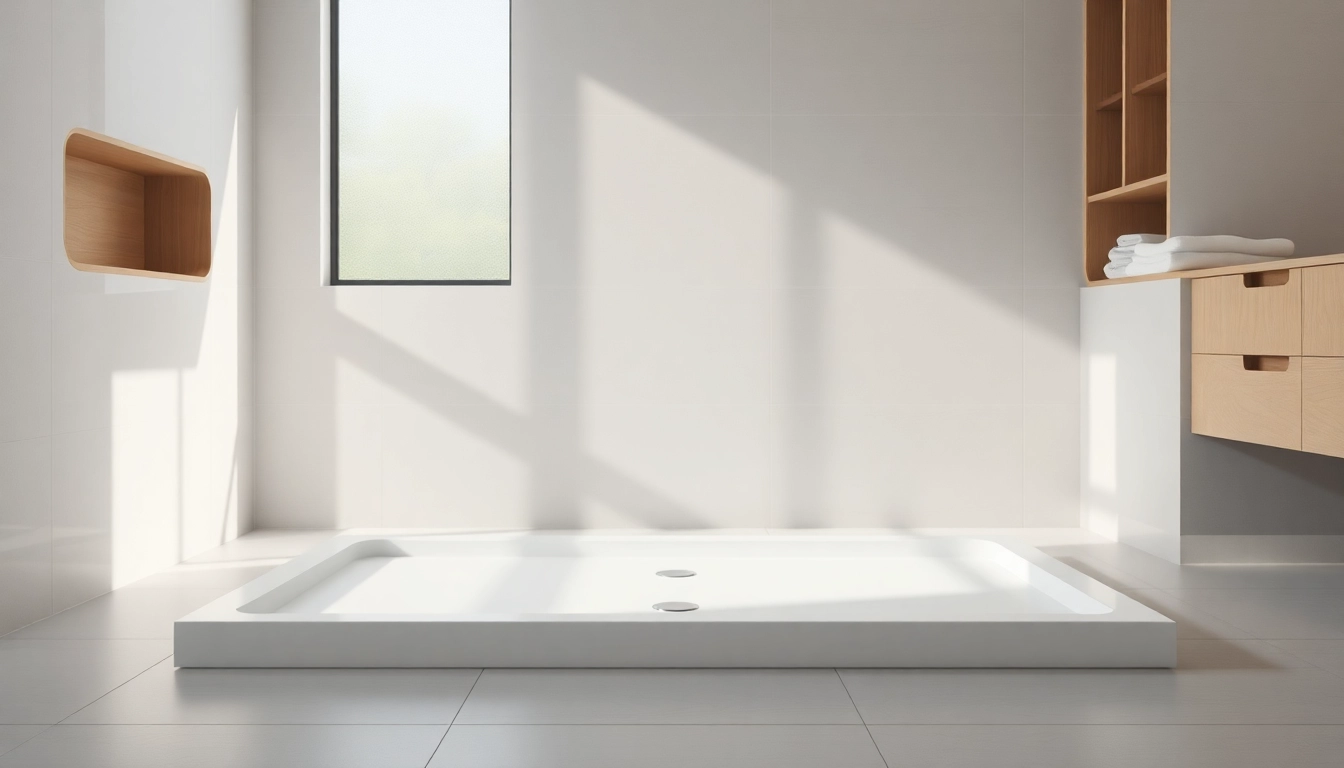 Highlighting a modern shower base with elegant design and neutral colors in a serene bathroom atmosphere.
