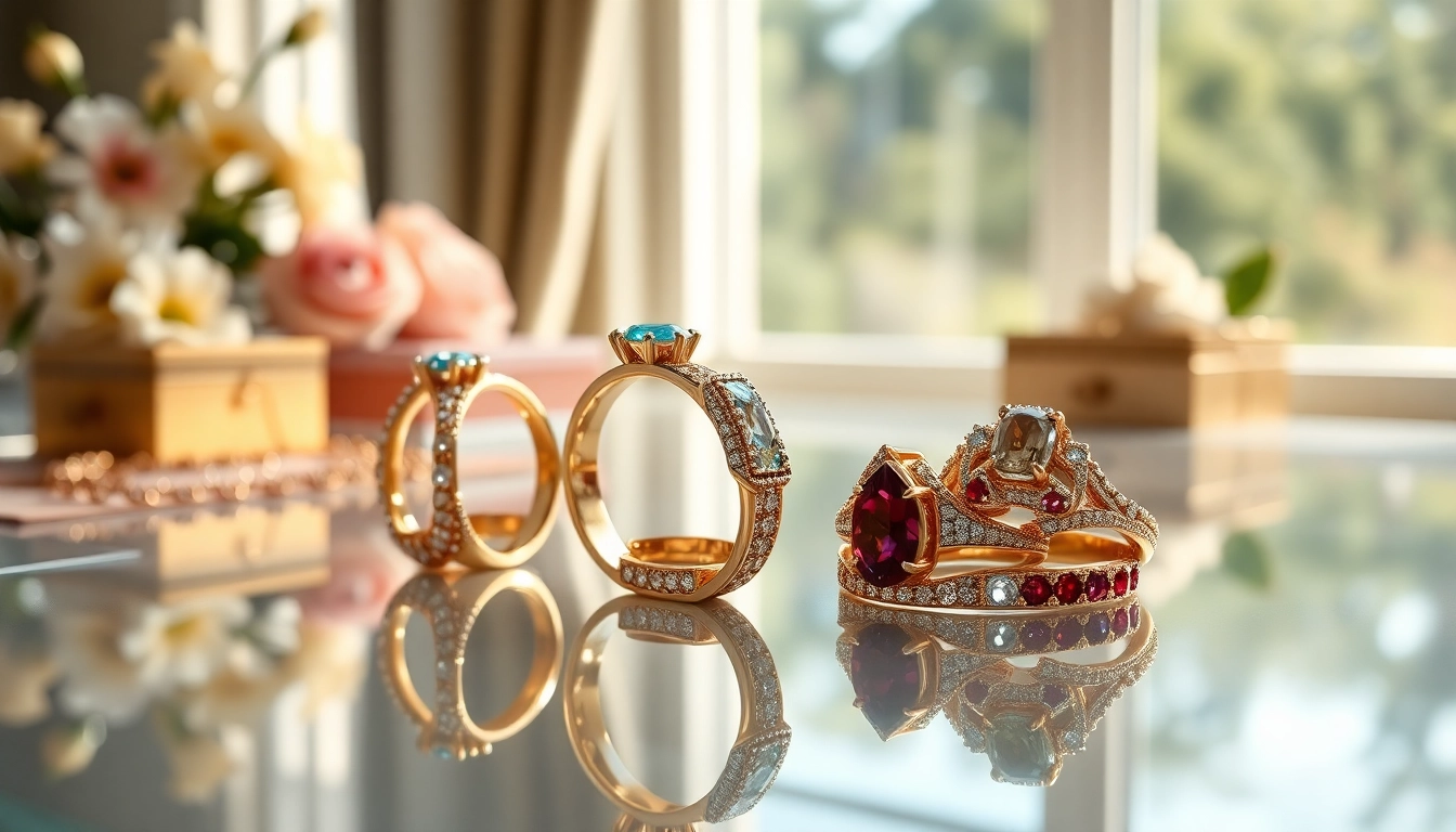 Showcasing luxury rings with intricate designs under natural light, emphasizing elegance and quality.