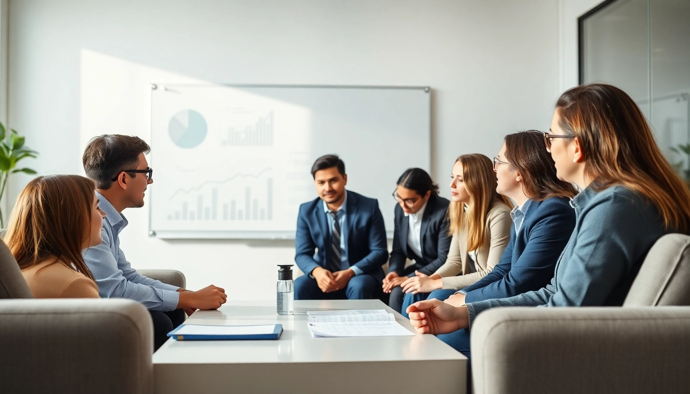 Engage in a business coaching service with a team collaborating in a modern office environment.
