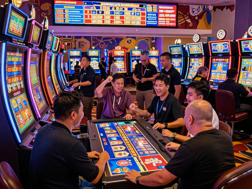 Exciting casino atmosphere with players celebrating a slot luar negeri win surrounded by colorful machines and lights.