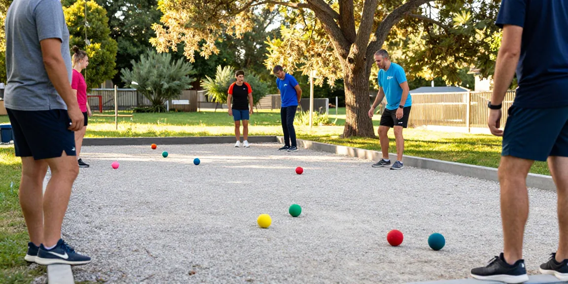 Aktivitas permainan petanque di fopikotabanjarma.org, pemain bersenang-senang di lapangan, bola-bola warna-warni terlihat di permukaan kerikil.