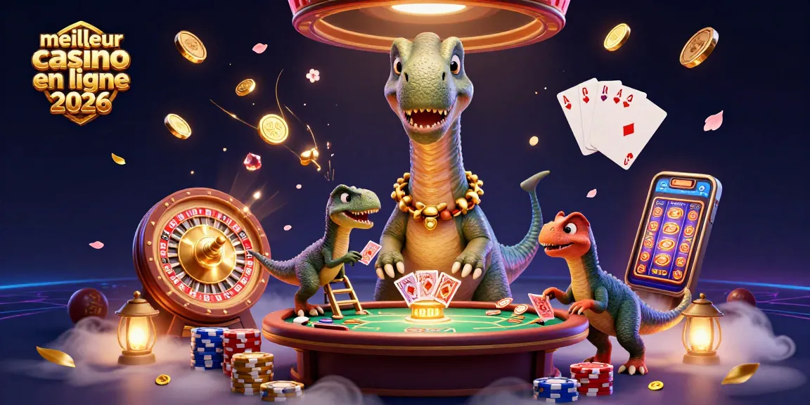 Illustration captivante du meilleur casino en ligne 2026 avec un brontosaurus géant et un raptor distribuant des cartes.