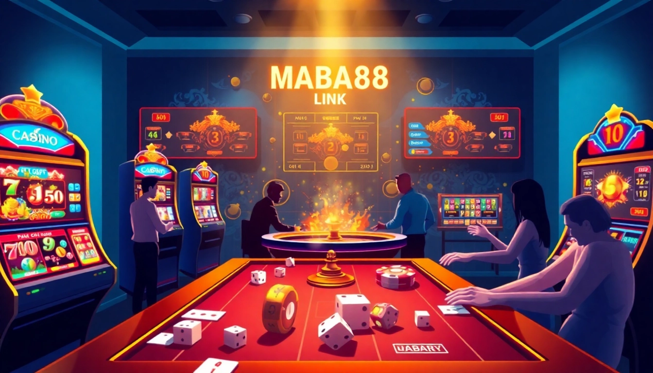 Platform MABAR88 Link menampilkan aksi perjudian online yang meriah dengan mesin slot berwarna-warni dan meja kasino.