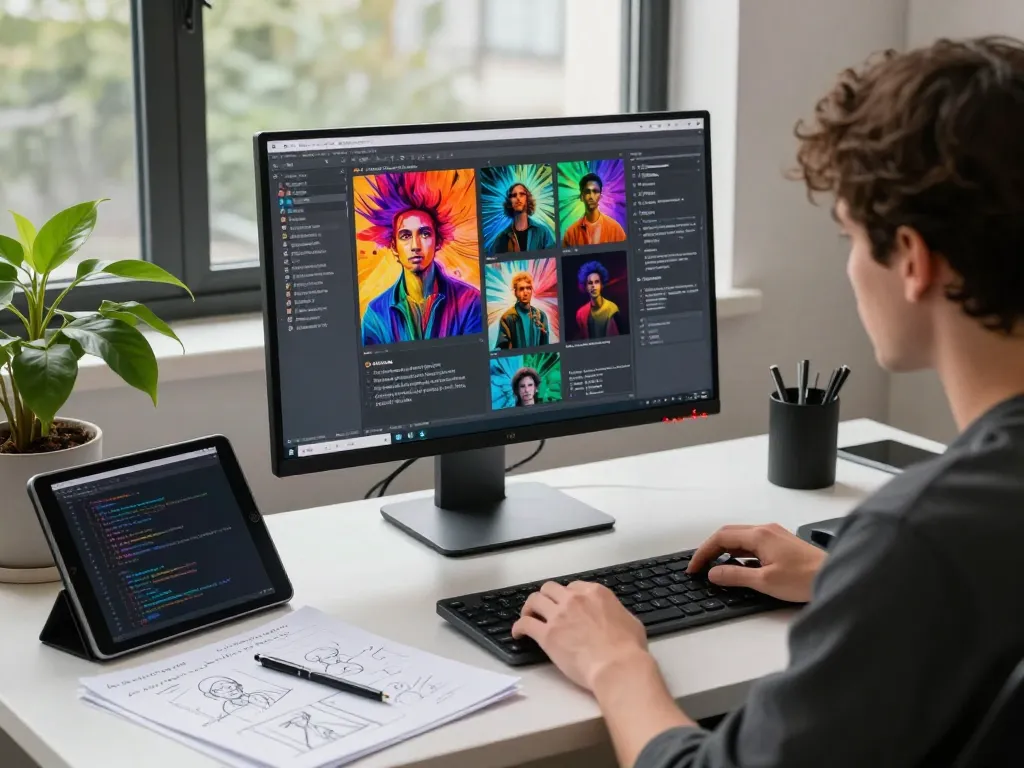 AI developer converting images to prompts in a modern workspace with vibrant visuals.