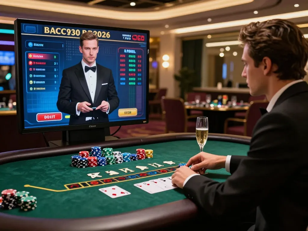 Engaging live baccarat gameplay showcasing a stylish player at a digital casino with vibrant ambiance and dealer interaction.