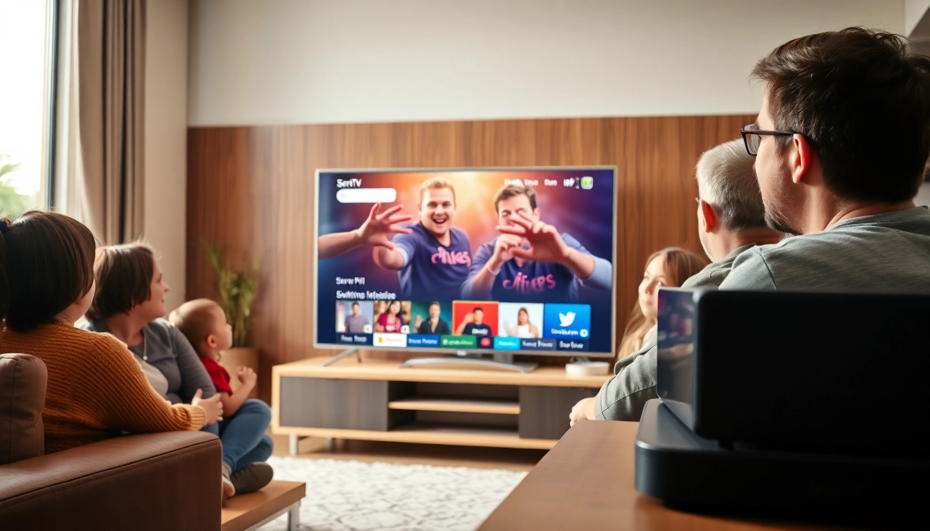 Engaged family enjoying shows with iron IPTV in their modern living room setup.