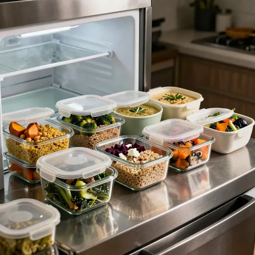 Seven meal-prep containers lined by a fridge, filled with grain bowls, soup, and vegetables.