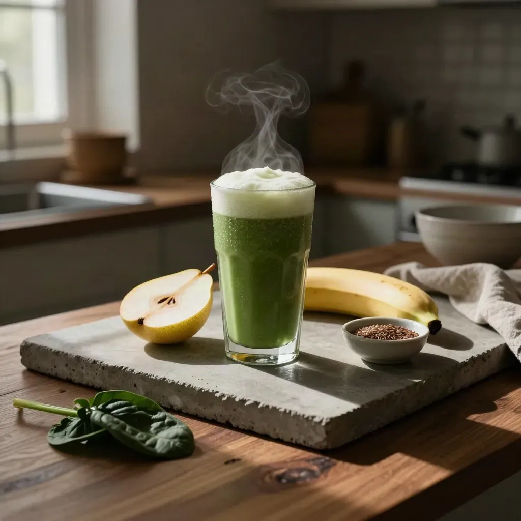 Green smoothie in a frosted glass with pear, banana, spinach and flax on concrete.