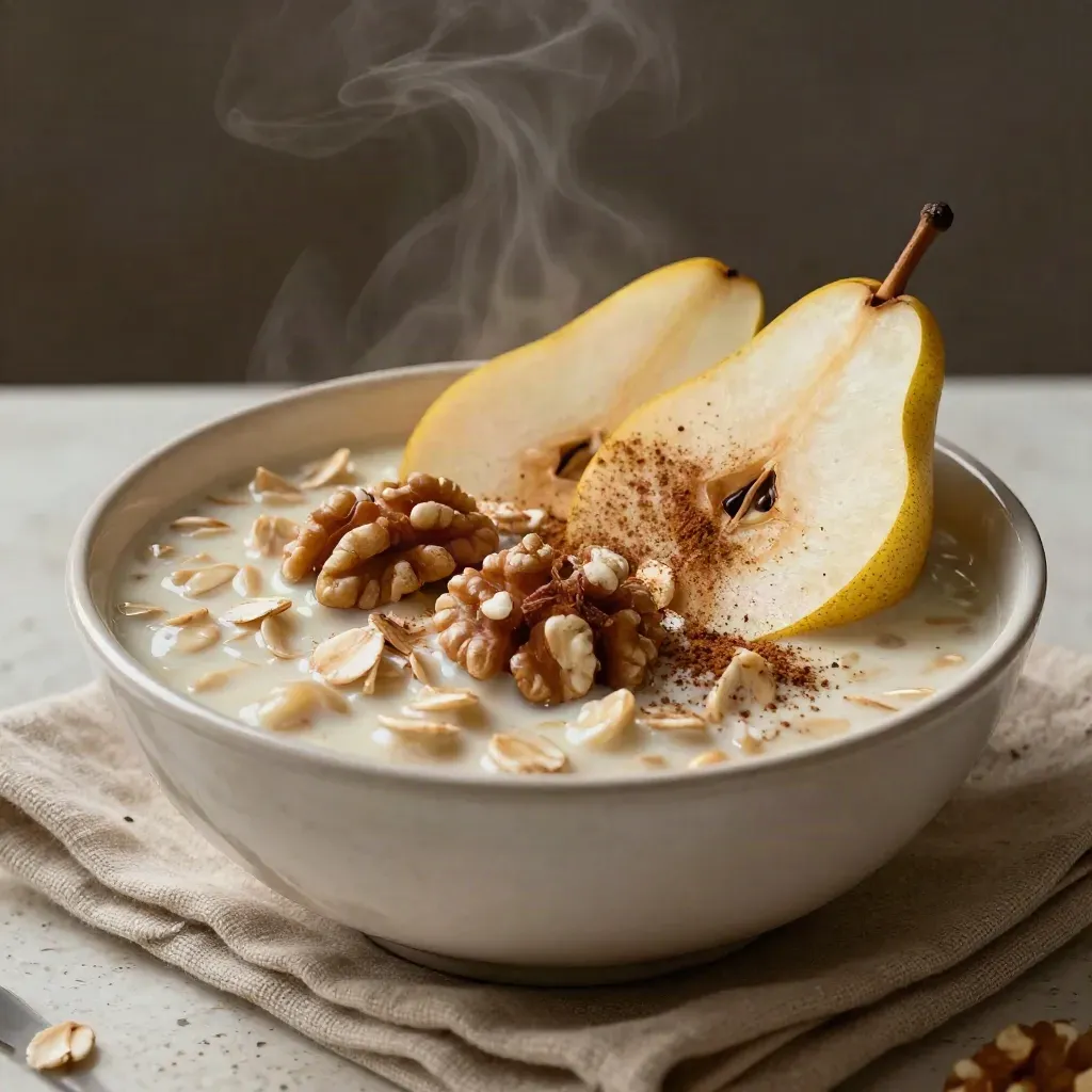 Oat bowl with pear slices, walnuts, and cinnamon on linen, steaming in soft morning light.
