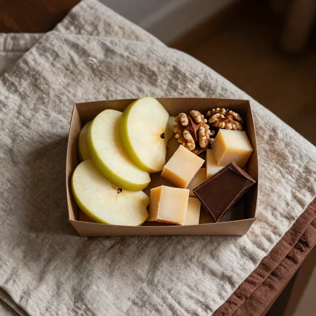 Snack box flatlay with apple, cheese, walnuts, and dark chocolate on linen